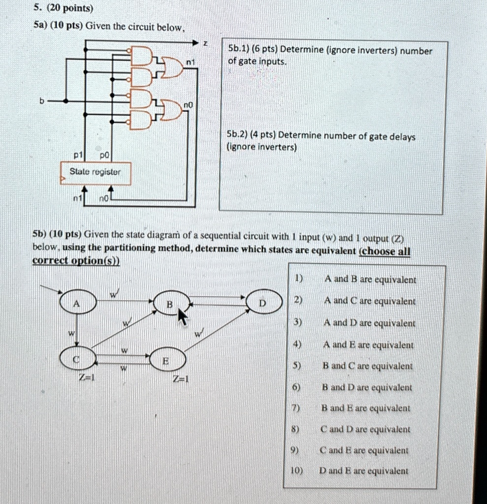 5 20 points 5a 10 pts given the circuit below b p1 po state register no z n1 no 5b1 6 pts determine ignore inverters number of gate inputs 5b2 4 pts determine number of gate delays ignore in 43785