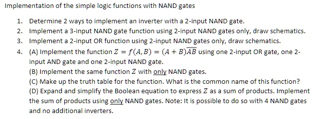 SOLVED: Implementation of the simple logic functions with NAND gates 1 ...
