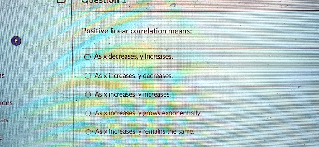 Positive linear correlation means:
As x decreases, y increases.
As x increases, y decreases.
As x increases, y increases.
As x increases, y grows exponentially.
As x increases, y remains the same.