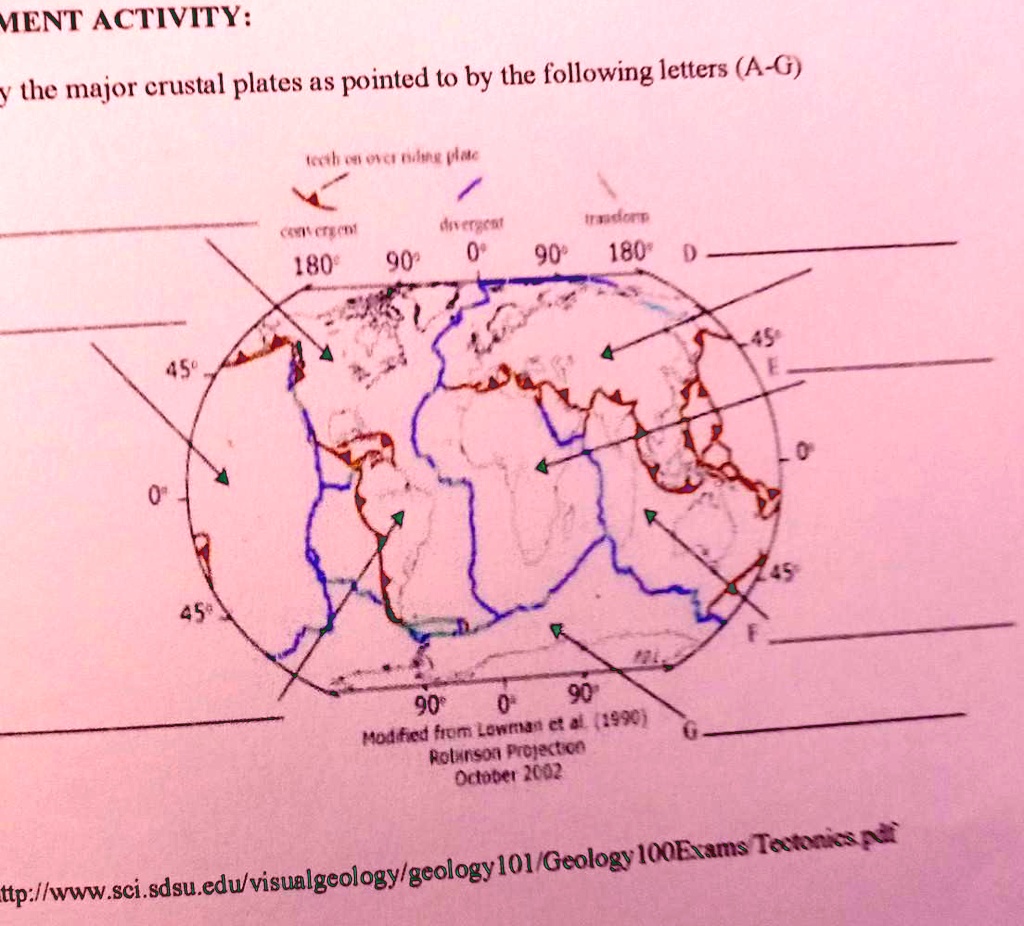 Identify the major crustal plates as pointed to by the following letters (AG) MENT ACTIVITY