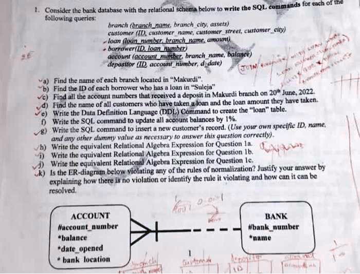 1. Consider the bank database with the relational schema below to write the SQL commands for each of the
following queries:
branch (branchname, branchcity, assets)
customer (ID, customername, customerstreet, customercity)
loan (loannumber, branchname, amount)
borrower (ID, loannumber)
account (accountnumber, branchname, balance)
depositor (ID, accountnumber, ddate)
a) Find the name of each branch located in "Makurdi".
b) Find the ID of each borrower who has a loan in "Suleja"
c) Find all the account numbers that received a deposit in Makurdi branch on 20th June, 2022.
d) Find the name of all customers who have taken a loan and the loan amount they have taken.
e) Write the Data Definition Language (DDL) Command to create the "loan" table.
f) Write the SQL command to update all account balances by 1%.
g) Write the SQL command to insert a new customer's record. (Use your own specific ID, name,
and any other dummy value as necessary to answer this question correctly).
h) Write the equivalent Relational Algebra Expression for Question 1a.
i) Write the equivalent Relational Algebra Expression for Question 1b.
j) Write the equivalent Relational Algebra Expression for Question 1c.
k) Is the ER-diagram below violating any of the rules of normalization? Justify your answer by
explaining how there is no violation or identify the rule it violating and how can it can be
resolved.
ACCOUNT
#accountnumber
*balance
*dateopened
*banklocation
BANK
#banknumber
*name