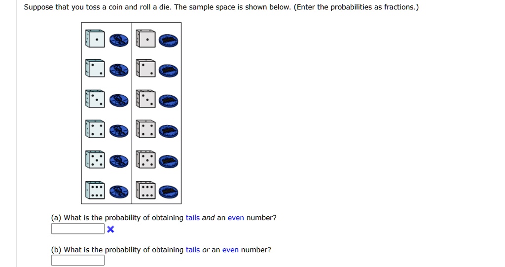 Suppose that you toss a coin and roll a die. The sample space is shown below. (Enter the probabilities as fractions.)
(a) What is the probability of obtaining tails and an even number?
(b) What is the probability of obtaining tails or an even number?