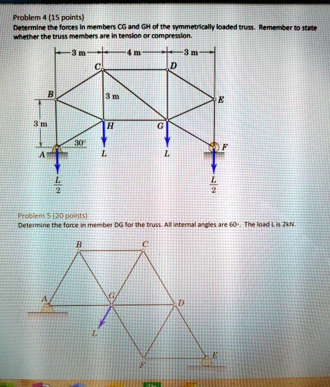 Problem 4 (15 points)
Determine the forces in members CG and GH of the symmetrically loaded truss. Remember to state whether the truss members are in tension or compression.
Problem 5 (20 points)
Determine the force in member DG for the truss. All internal angles are 60°. The load L is 2kN.