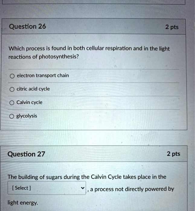 question 26 2 pts which process is found in both cellular respiration ...