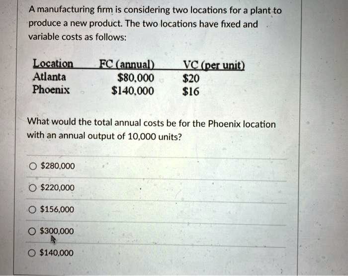 SOLVED: A manufacturing firm is considering two locations for a plant ...