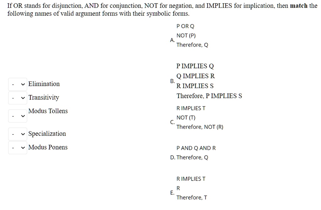 Solved If Or Stands For Disjunction And For Conjunction Not For Negation And Implies For Implication Then Match The Following Names Of Valid Argument Forms With Their Symbolic Forms Or Q Not P