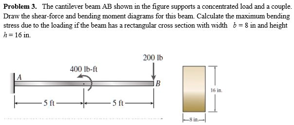 Problem 3. The cantilever beam AB shown in the figure supports a concentrated load and a couple. Draw the shear-force and bending moment diagrams for this beam. Calculate the maximum bending stress due to the loading if the beam has a rectangular cross section with width b = 8 in and height h = 16 in.
200 lb
400 lb-ft
A
B
16 in.
5 ft
5 ft
8 in.