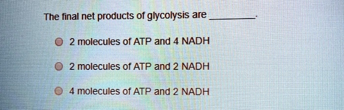 The final net products of glycolysis are .
2 molecules of ATP and 4 NADH
2 molecules of ATP and 2 NADH
4 molecules of ATP and 2 NADH