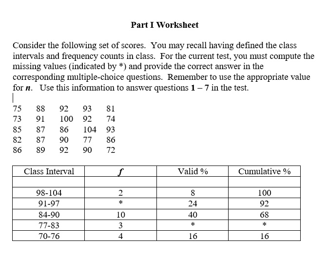 Part I Worksheet
Consider the following set of scores. You may recall having defined the class
intervals and frequency counts in class. For the current test, you must compute the
missing values (indicated by *) and provide the correct answer in the
corresponding multiple-choice questions. Remember to use the appropriate value
for n. Use this information to answer questions 1-7 in the test.
75
88
92
93
81
73
91
100
92
74
85
87
86
104
93
82
87
90
77
86
86
89
92
90
72
Class Interval
f
Valid % 
Cumulative %
98-104
2
8
100
91-97
*
24
92
84-90
10
40
68
77-83
3
*
*
70-76
4
16
16