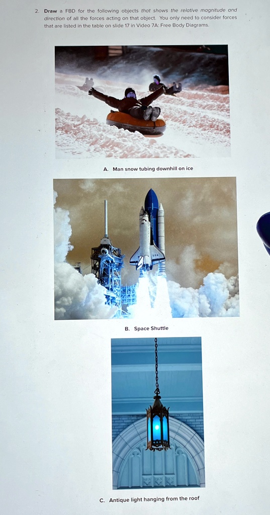 2. Draw a FBD for the following objects that shows the relative magnitude and
direction of all the forces acting on that object. You only need to consider forces
that are listed in the table on slide 17 in Video 7A: Free Body Diagrams.
A. Man snow tubing downhill on ice
B. Space Shuttle
C. Antique light hanging from the roof