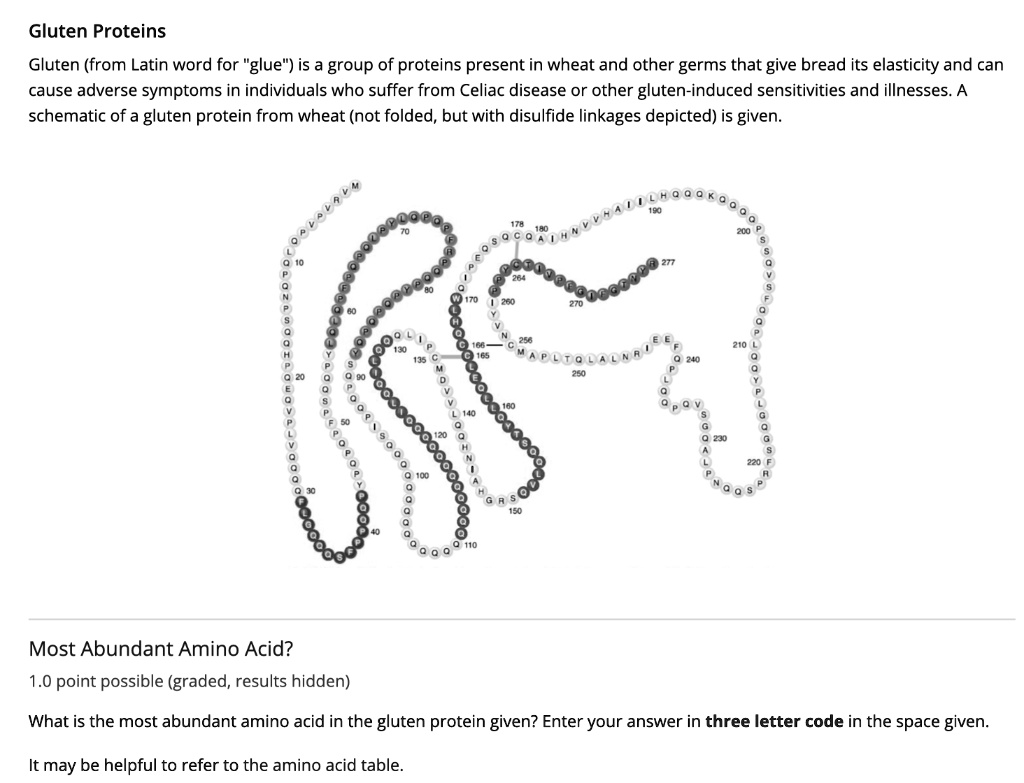 Gluten Proteins
Gluten (from Latin word for "glue") is a group of proteins present in wheat and other germs that give bread its elasticity and can cause adverse symptoms in individuals who suffer from Celiac disease or other gluten-induced sensitivities and illnesses. A schematic of a gluten protein from wheat (not folded, but with disulfide linkages depicted) is given.
Most Abundant Amino Acid?
1.0 point possible (graded, results hidden)
What is the most abundant amino acid in the gluten protein given? Enter your answer in three letter code in the space given.
It may be helpful to refer to the amino acid table.