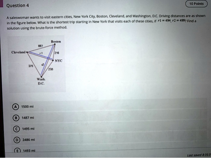 SOLVED Saleswoman wants to visit eastern cities New York City, Boston