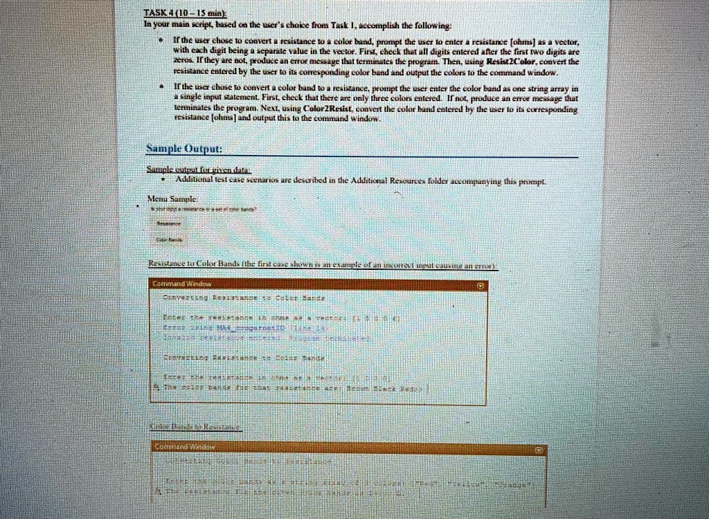 need help with task 4 of matlab do not hardcode task 10 using your main script based on the users choice from task 1 accomplish the following if the user chose to convert resistance to color 89096