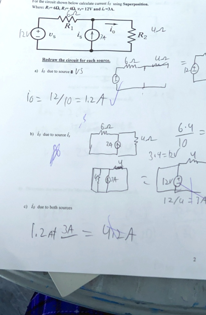 for the circuit shown below calculate current io using superposition where r1 6omega r2 4omega vs 12v and is 3a io frac1210 12a io due to source is frac6 cdot 410 frac2410 24 3 cdot  12029