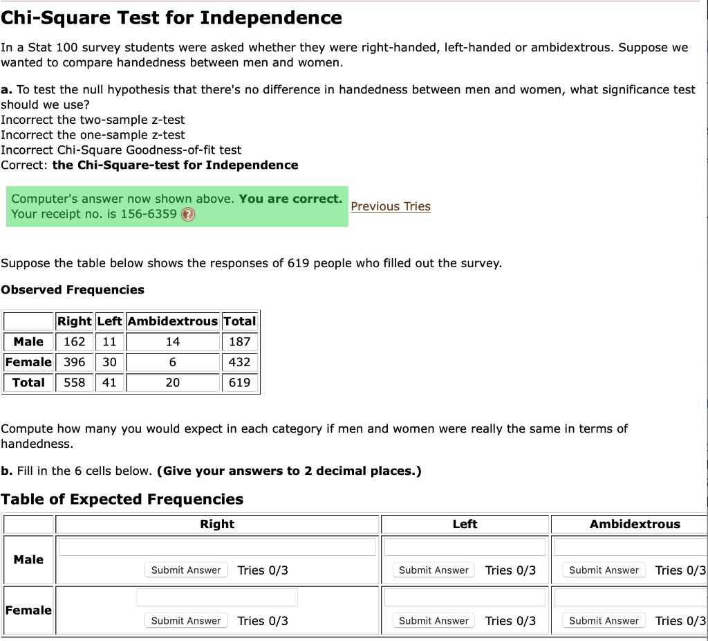 Solved Chi Square Test For Independence In Stat 100 Survey Students Were Asked Whether They Were Right Handed Left Handed Ambidextrous Suppose We Wanted To Compare Handedness Between Men And Women A To Test The Null