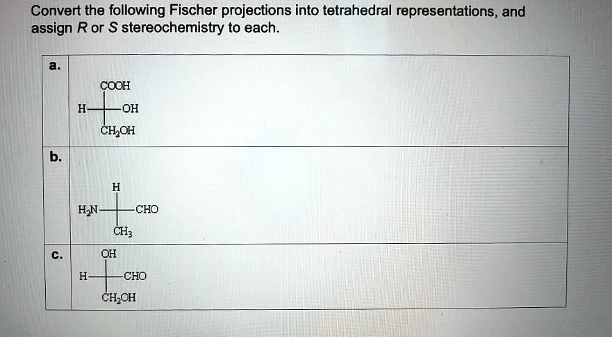 Convert the following Fischer projections into tetrahedral representations, and assign R or S stereochemistry to each.
a.
COOH
H—+—OH
CH?OH
b.
H
H?N—+—CHO
CH?
c.
OH
H—+—CHO
CH?OH