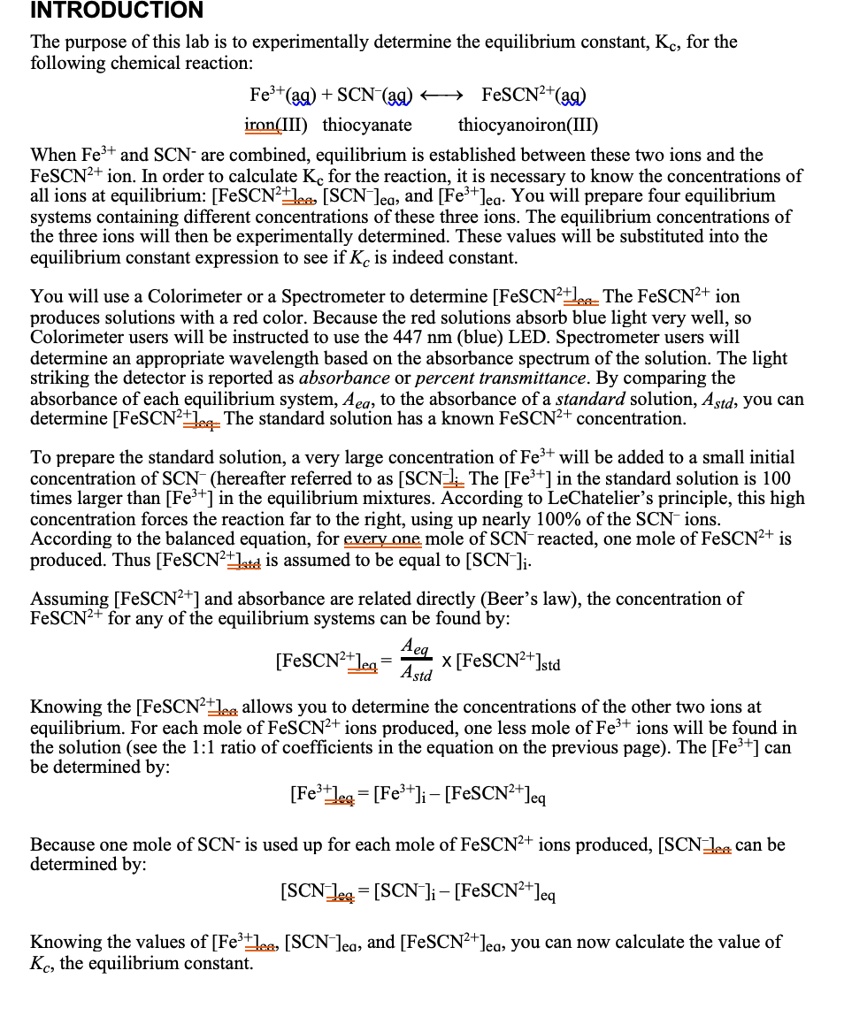 The Determination Of Keq For Fescn2+ Lab Answers SOLVED: INTRODUCTION The purpose of this lab is to experimentally