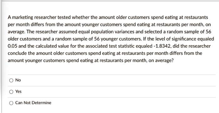 A marketing researcher tested whether the amount older customers spend eating at restaurants per month differs from the amount younger customers spend eating at restaurants per month, on average. The researcher assumed equal population variances and selected a random sample of 56 older customers and a random sample of 56 younger customers. If the level of significance equaled 0.05 and the calculated value for the associated test statistic equaled -1.8342, did the researcher conclude the amount older customers spend eating at restaurants per month differs from the amount younger customers spend eating at restaurants per month, on average?

No
Yes
Can Not Determine