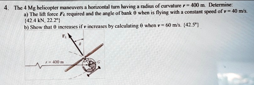 the 4 mg helicopter maneuvers horizontal turn having radius of curvature 400 m determine the lift force fz required and the angle of bank 0 when is flying with constant speed ofv 40 mls 424k 82344