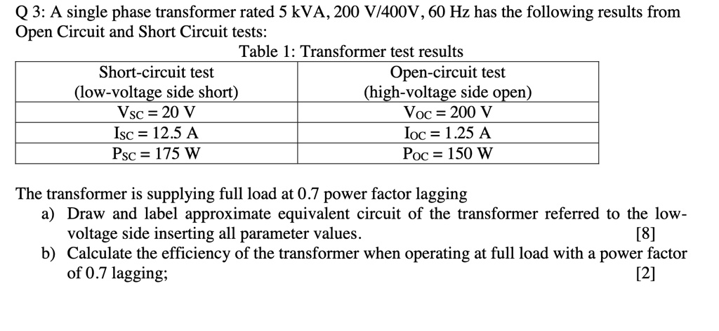 SOLVED: Q 3: A Single Phase Transformer Rated 5 KVA, 200 V/400V, 60 Hz ...