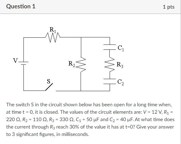 The switch S in the circuit shown below has been open for a long time when, at time t = 0, it is closed. The values of the circuit elements are: V = 12 V, R1 = 220 ?, R2 = 110 ?, R3 = 330 ?, C1 = 50 µF and C2 = 40 µF. At what time does the current through R3 reach 30% of the value it has at t=0? Give your answer to 3 significant figures, in milliseconds.