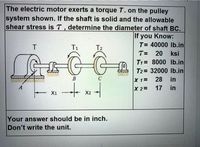 SOLVED The electric motor exerts a torque T on the pulley system shown. If the shaft is solid