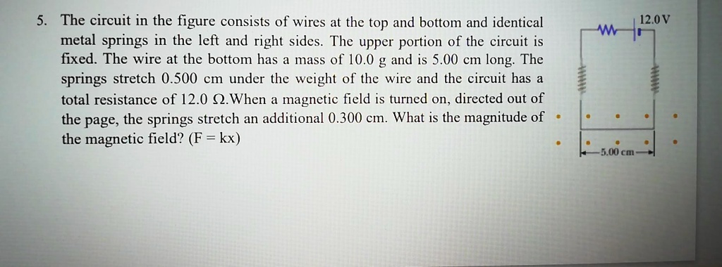 The circuit in the figure consists of wires at the top and bottom and identical metal springs in the left and right sides. The upper portion of the circuit is fixed. The wire at the bottom has a mass of 10.0 g and is 5.00 cm long. The springs stretch 0.500 cm under the weight of the wire and the circuit has a total resistance of 12.0 ?. When a magnetic field is turned on, directed out of the page, the springs stretch an additional 0.300 cm. What is the magnitude of the magnetic field? (F = kx)