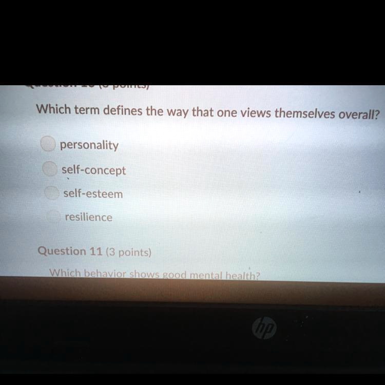 Which term defines the way that one views themselves overall?
personality
self-concept
self-esteem
resilience
Which behavior shows good mental health?