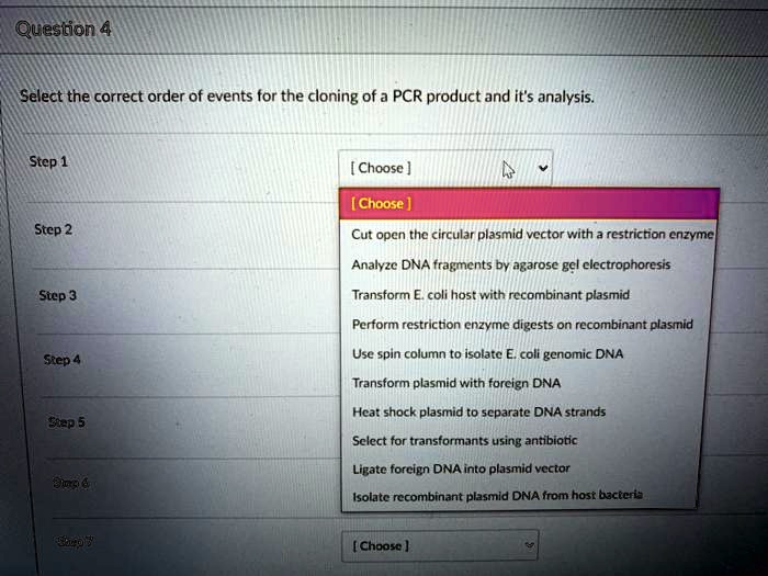 SOLVED:Question 4 Select the correct order of events for the cloning ...