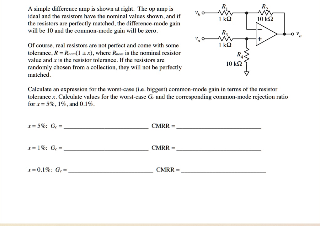 SOLVED A simple difference amp is shown at right. The op amp is ideal
