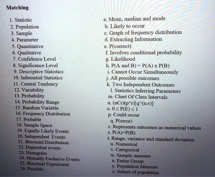 matching statistic 2 population 3 sample 4 parameter 5 quantitative 6 ...