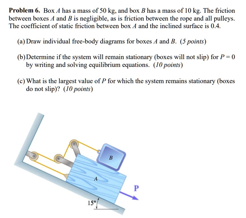 SOLVED Problem 6. Box A has a mass of 50 kg, and box B has a mass of 10 kg The friction