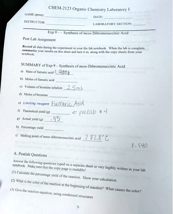 SOLVED: CHEM-2123 Organic Chemistry Laboratory NAME (print): DATE ...