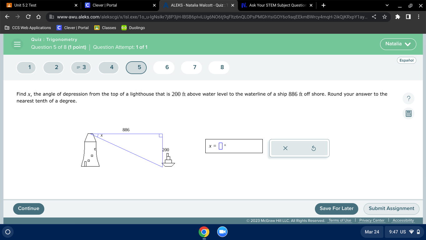 SOLVED Find x, the angle of depression from the top of a lighthouse