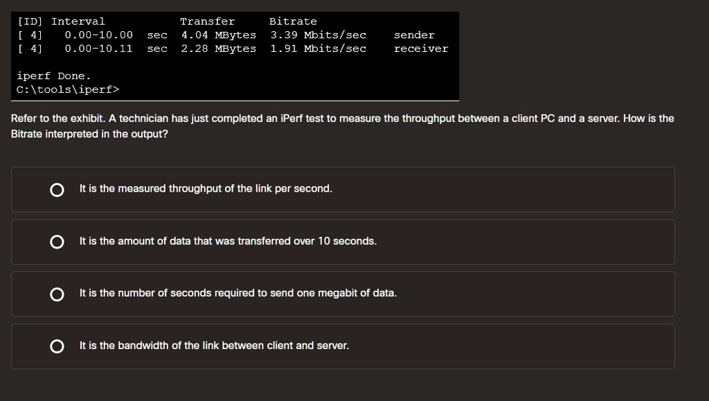 [ID] Interval [4] 0.00-10.00 sec Transfer 4.04 MBytes Bitrate 3.39 ...