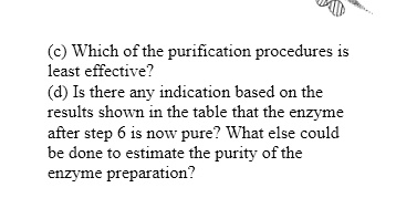 (c) Which of the purification procedures is least effective?
(d) Is there any indication based on the results shown in the table that the enzyme after step 6 is now pure? What else could be done to estimate the purity of the enzyme preparation?