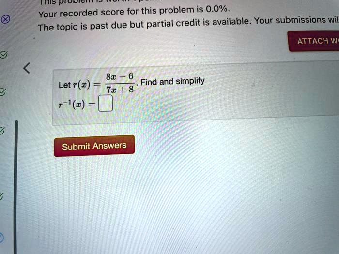 Let r(x) = frac8x - 67x + 8. Find and simplify
r^-1(x) =