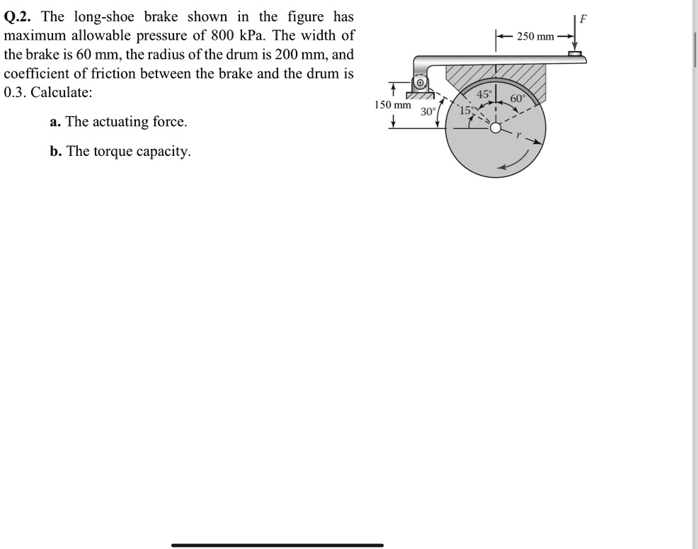 q2 the long shoe brake shown in the figure has maximum allowable ...