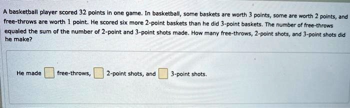 A basketball player scored 32 points in one game. In basketball, some baskets are worth 3 points, some are worth 2 points, and free-throws are worth 1 point. He scored six more 2-point baskets than he did 3-point baskets. The number of free-throws equaled the sum of the number of 2-point and 3-point shots made. How many free-throws, 2-point shots, and 3-point shots did he make? He made free-throws, 2-point shots, and 3-point shots.