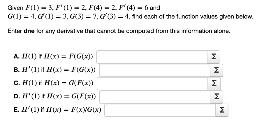 Solved Given F 1 3 F 1 2 F 4 2 F 4 6 And G 1 4 G 1 3 6 3 7 G 3 4 Find Each Of The Function Values Given Below