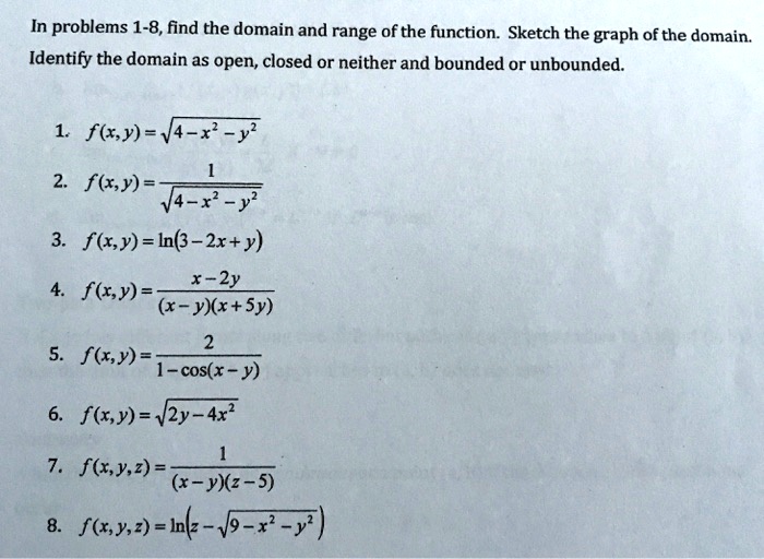 Solved In Problems 1 8 Find The Domain And Range Ofthe Function Sketch The Graph Of The Domain Identify The Domain As Open Closed Or Neither And Bounded Or Unbounded Fly V4 X Y Flxy V4 X Y Fl Y