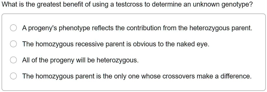 What is the greatest benefit of using a testcross to determine an unknown genotype?
A progeny's phenotype reflects the contribution from the heterozygous parent.
The homozygous recessive parent is obvious to the naked eye.
All of the progeny will be heterozygous.
The homozygous parent is the only one whose crossovers make a difference.
