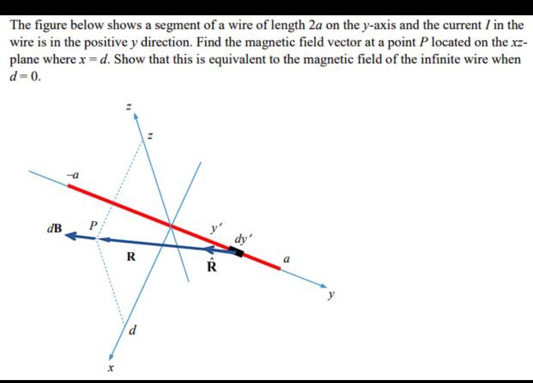 The figure below shows a segment of a wire of length 2 a on the y-axis and the current I in the wire is in the positive y direction. Find the magnetic field vector at a point P located on the x z plane where x=d. Show that this is equivalent to the magnetic field of the infinite wire when d=0