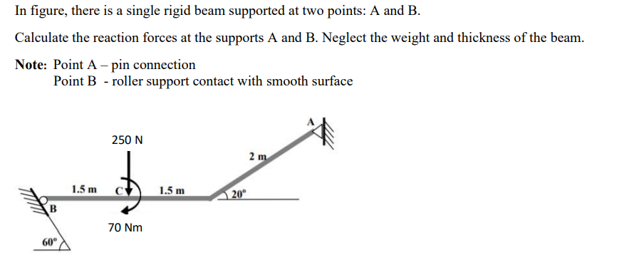 In figure, there is a single rigid beam supported at two points: A and B.
Calculate the reaction forces at the supports A and B. Neglect the weight and thickness of the beam.
Note: Point A - pin connection
Point B - roller support contact with smooth surface