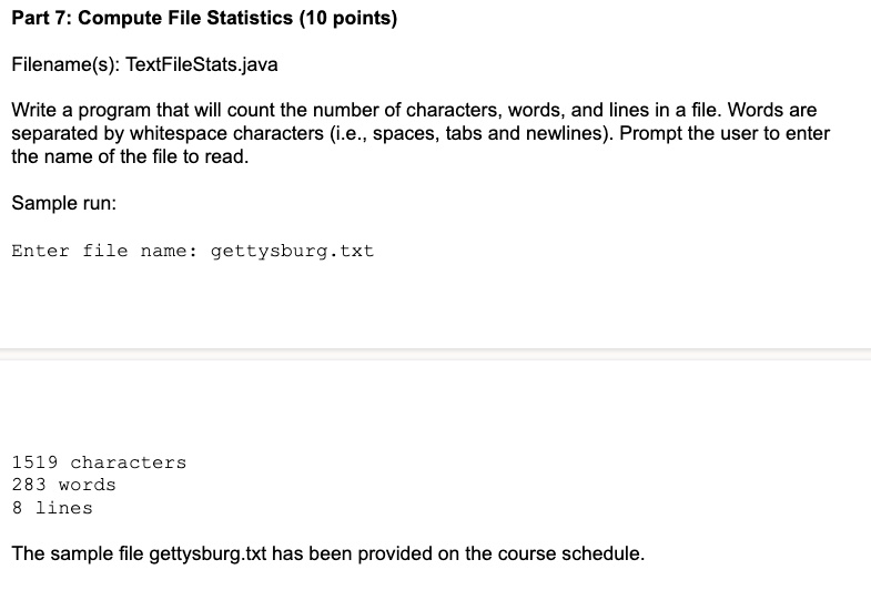 Part 7: Compute File Statistics (10 points) Filename(s): TextFileStats ...