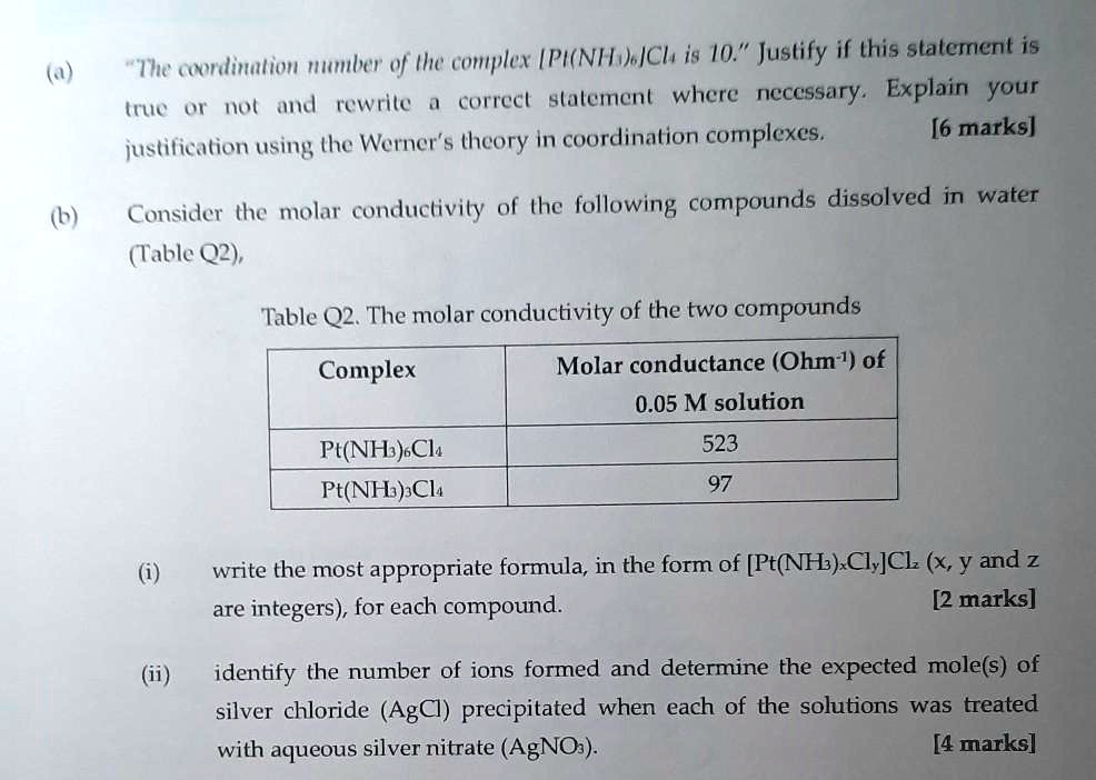 SOLVED The complex [Pt(NH3)4]Cl2 is 10. Justify if this statement is
