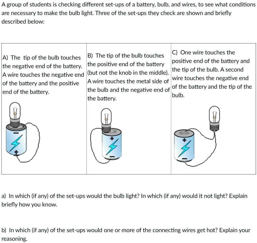 SOLVED A group of students is checking different setups of a battery; bulb, and wires, to see