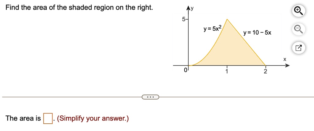 Find the area of the shaded region on the right.
The area is  
(Simplify your answer.)
Ay
5-
y = 5x^2
y = 10 - 5x
?
X
0
1
2