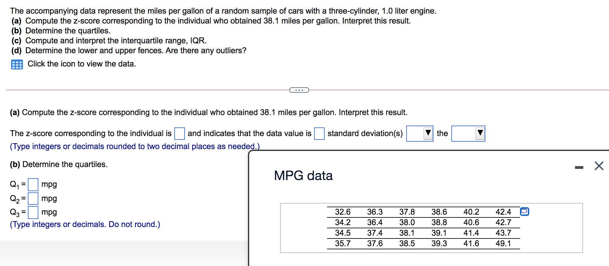 solved-the-accompanying-data-represent-the-miles-per-gallon-of-a