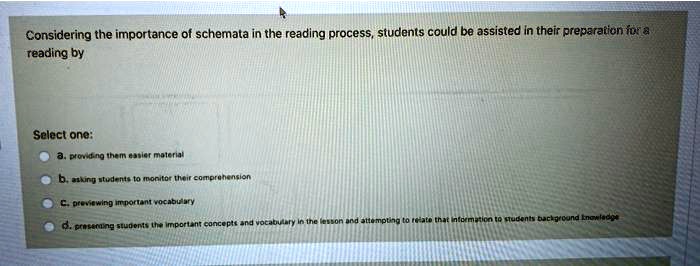 Considering the importance of schemata in the reading process, students could be assisted in their preparation for a reading by
Select one:
a. providing them easier material
b. asking students to monitor their comprehension
c. previewing important vocabulary
d. presenting students the important concepts and vocabulary in the lesson and attempting to relate that information to students background knowledge